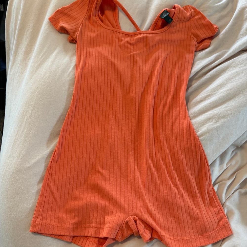 Orange Ribbed Short Sleeve Romper